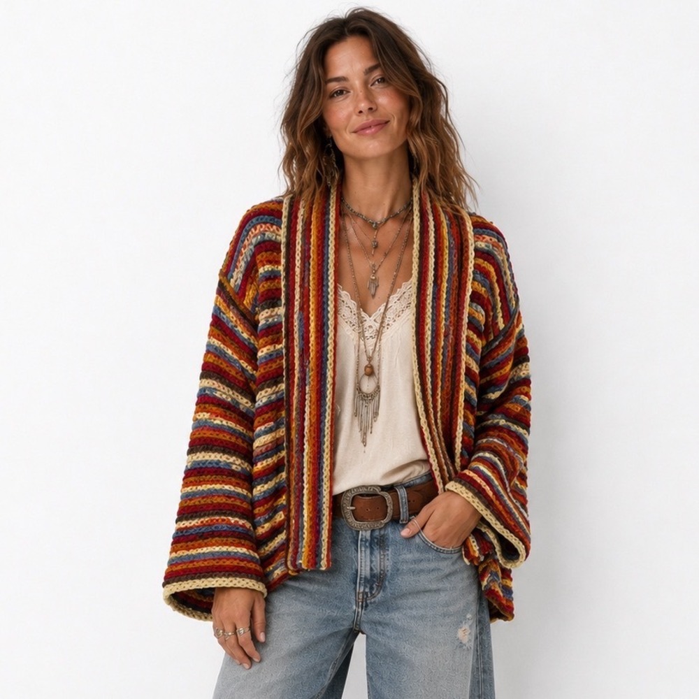 Umgee Cardigan S/M Multi Color Striped Open Front Batwing Sleeve Fall